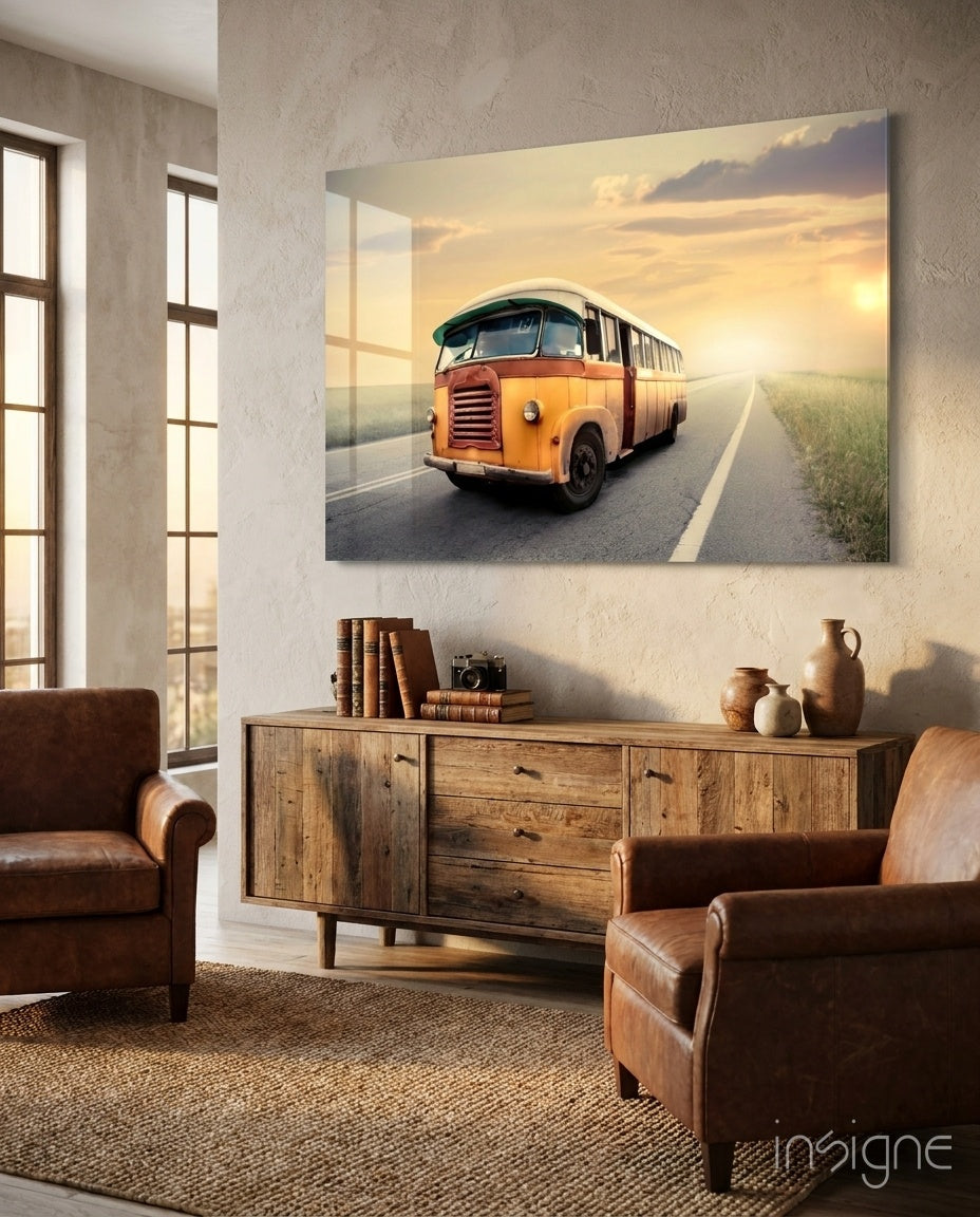 Retro Bus Golden Sunset Highway Glass Wall Art