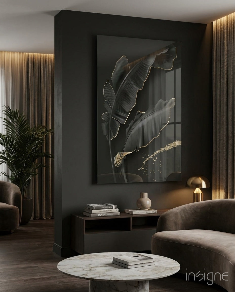 Golden Outline Black Leaves Glass Wall Art