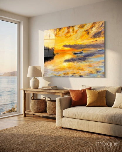 Golden Sunset Rowboats Oil Painting Glass Wall Art