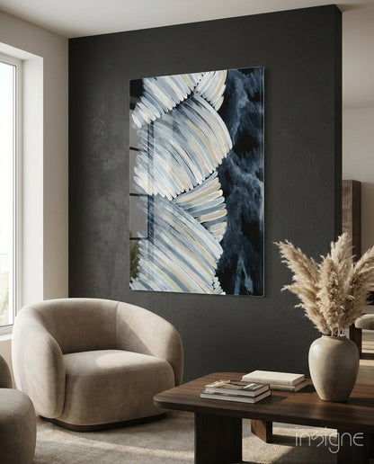 Cream Feather Wings Navy Glass Wall Art