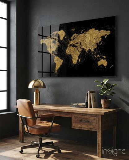 Gold Dust Splatter World Map Glass Wall Art