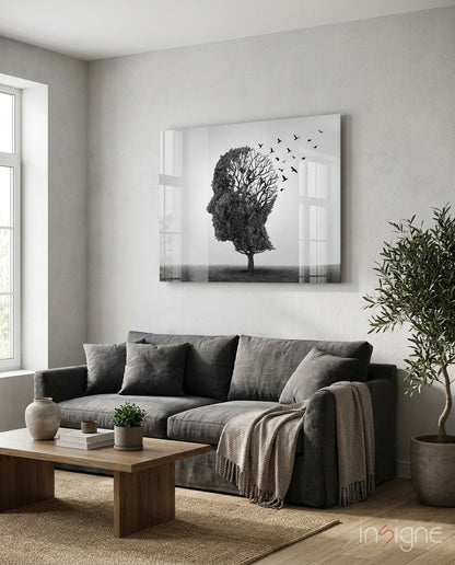 Head Tree Birds Leaving Branches Glass Wall Art