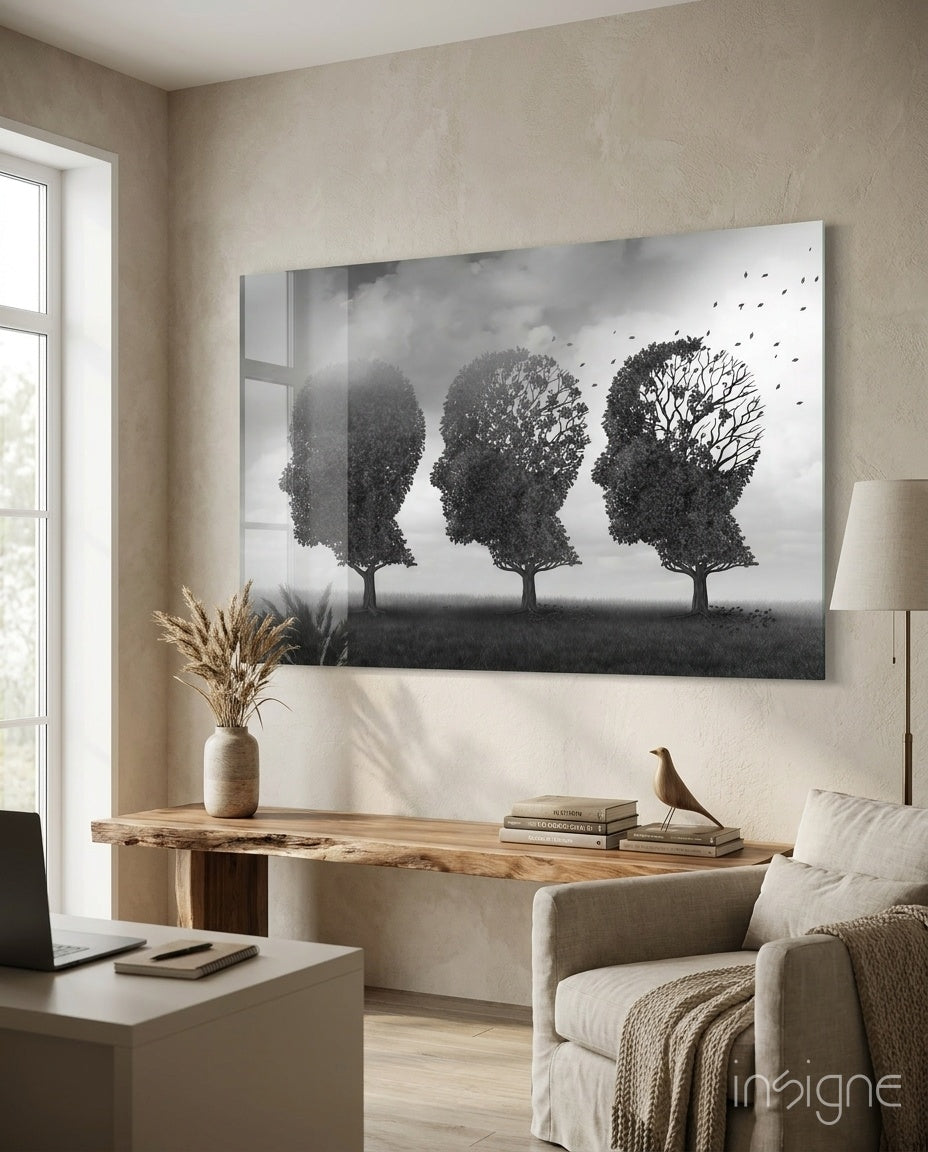 Three Head Shaped Trees Losing Leaves Glass Wall Art