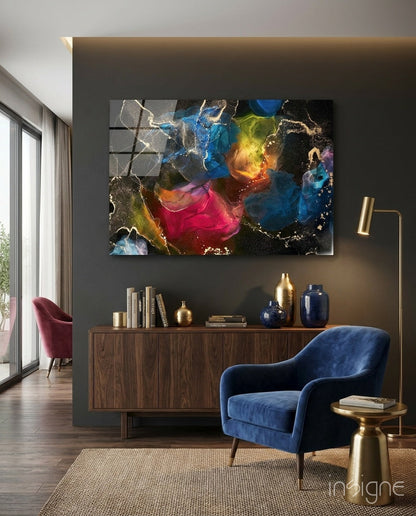 Vibrant Rainbow Ink Marble Glass Wall Art