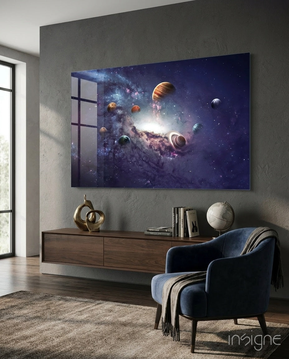 Purple Galaxy Planets And Saturn Glass Wall Art