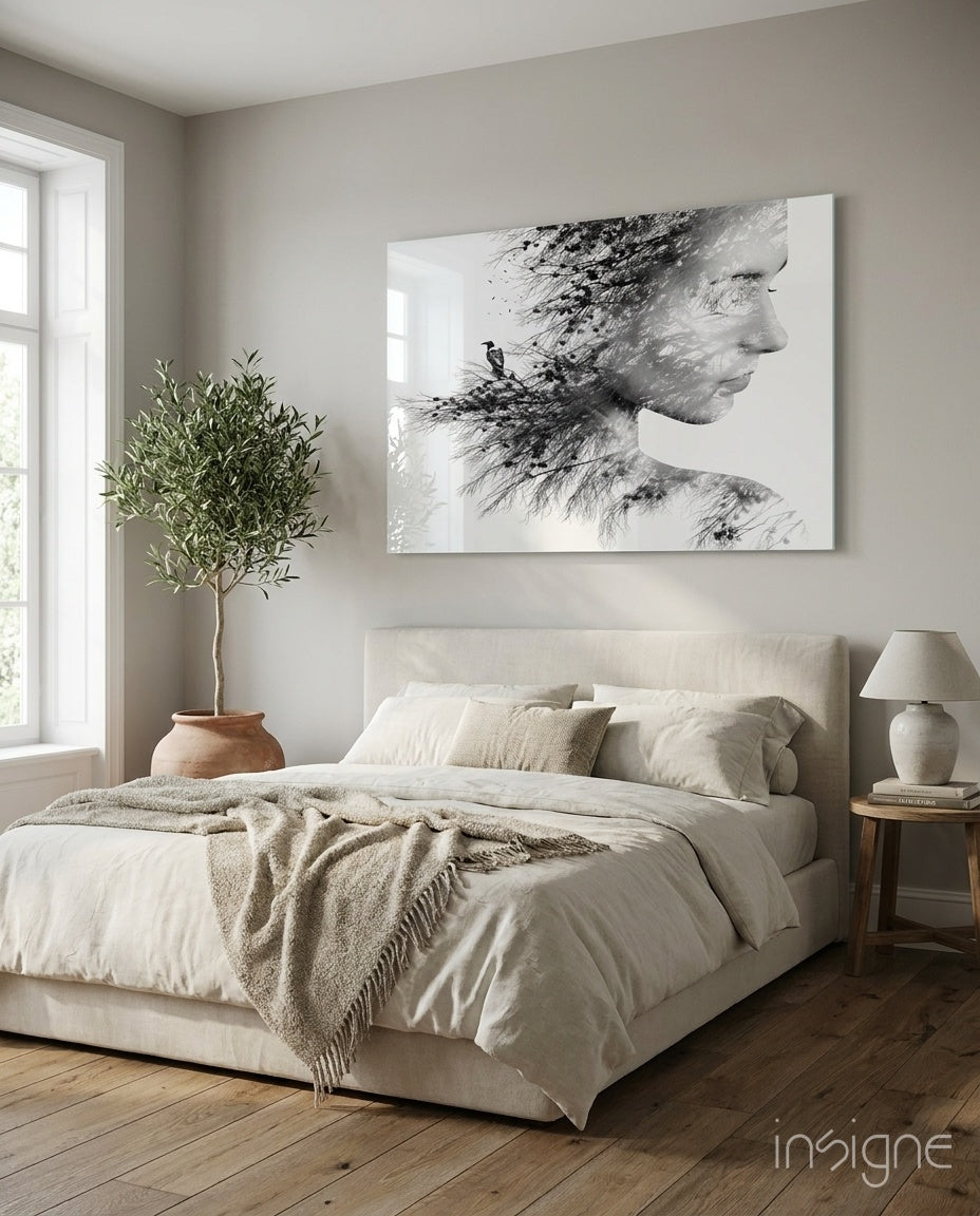 Black And White Tree Branch Woman Profile Glass Wall Art