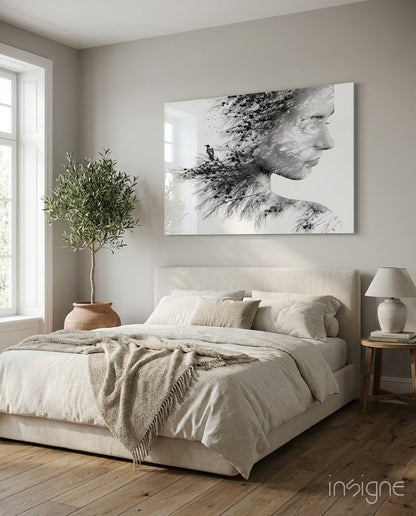 Black And White Tree Branch Woman Profile Glass Wall Art