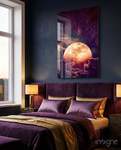 Copper Full Moon Above Clouds Glass Wall Art