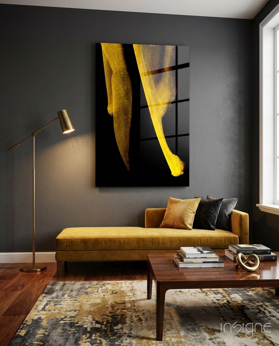 Minimal Yellow Curved Forms On Black Glass Wall Art