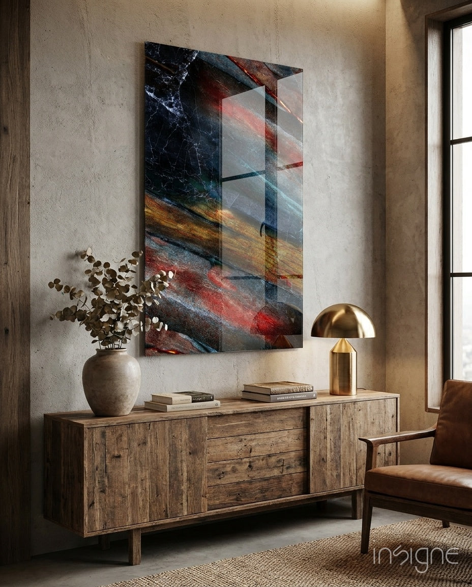 Fiery Mineral Streak Marble Glass Wall Art
