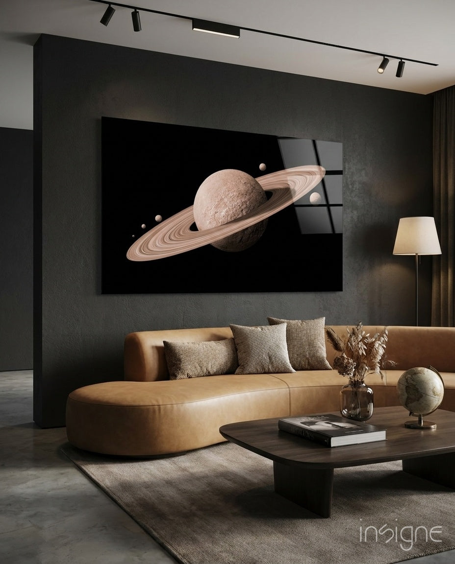Pale Rose Ringed Planet on Black Glass Wall Art