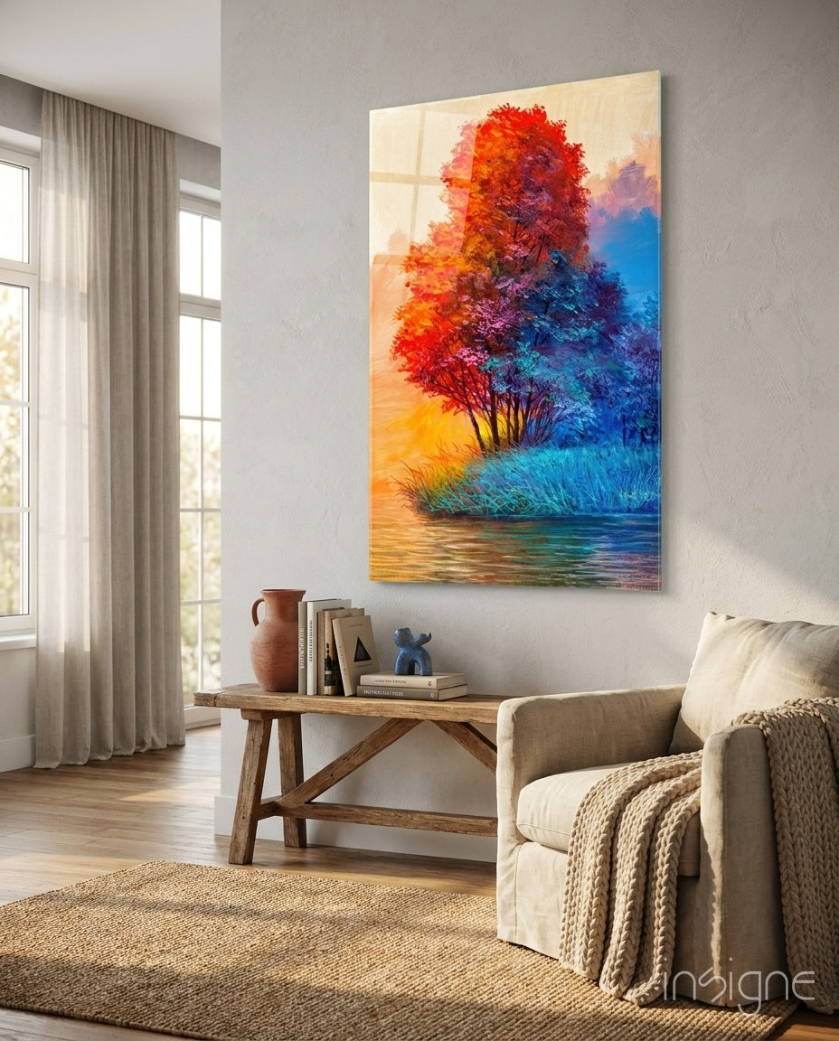 Red Blue Trees Riverside Glass Wall Art