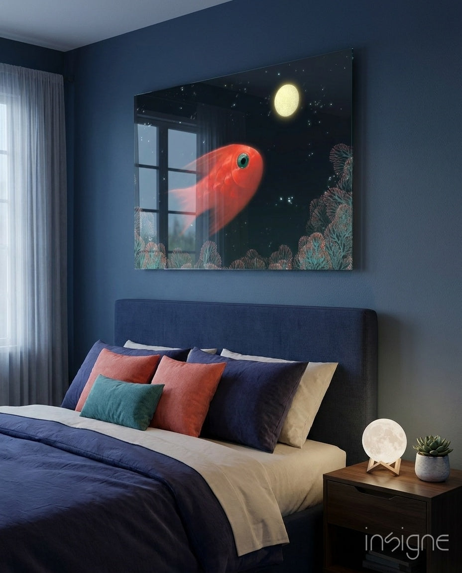 Red Fish Under Moonlit Coral Reef Glass Wall Art