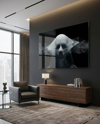 White Wireframe Face On Black Glass Wall Art