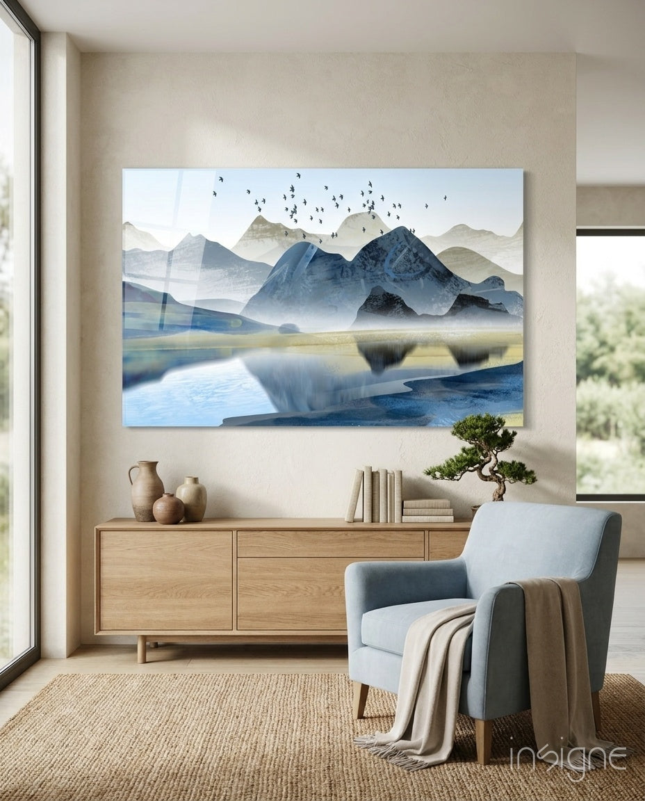 Blue Misty Peaks With Birds Over Lake Glass Wall Art