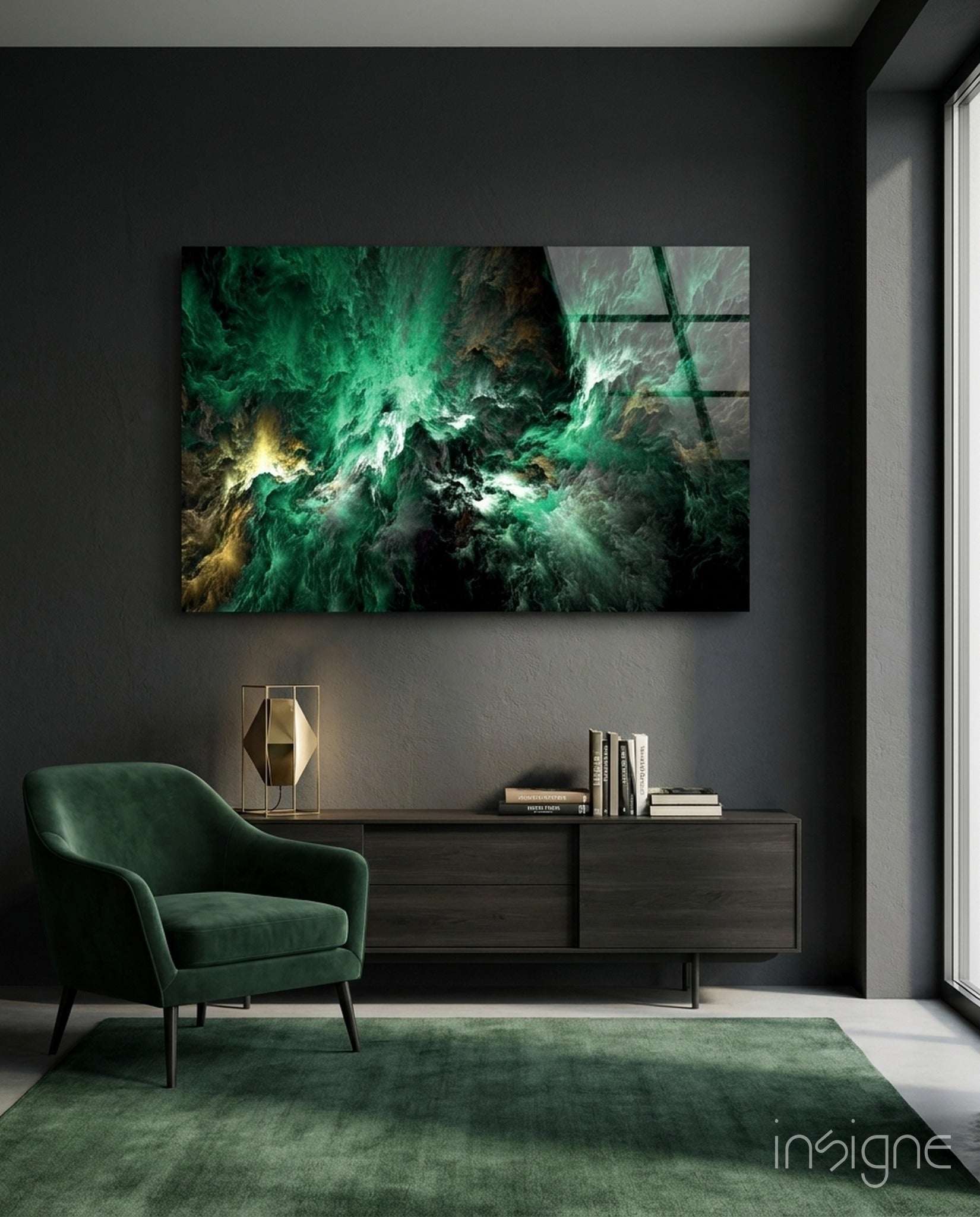 Green Gold Ink Cloud Abstract Glass Wall Art