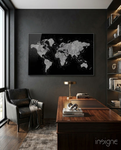Silver Dotted Continents World Map Glass Wall Art