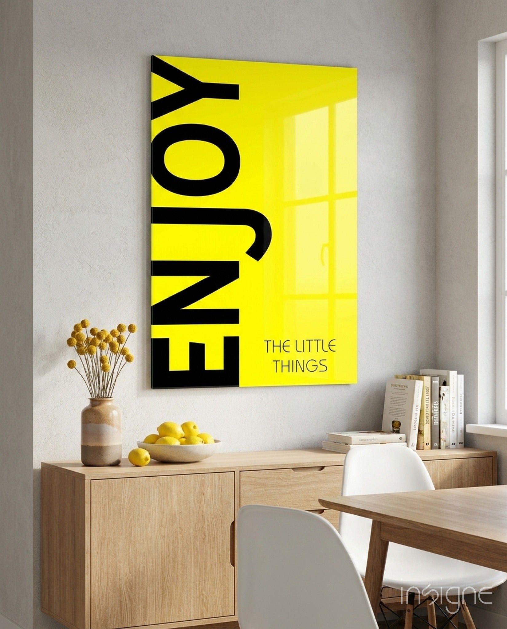 Bold Enjoy Typography On Yellow Glass Wall Art