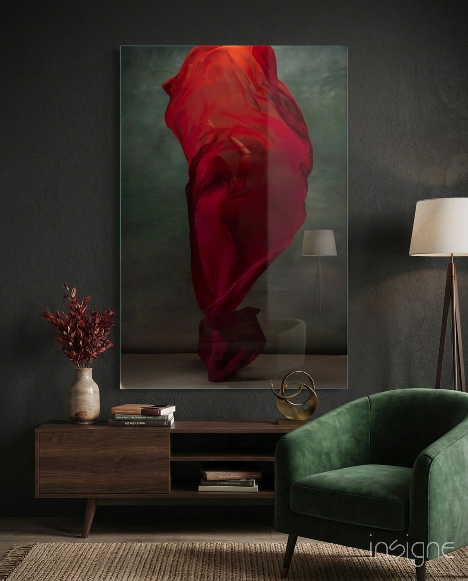 Crimson Silk Veil Dancer Glass Wall Art