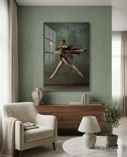 Leaping Ballerina Brown Drape Glass Wall Art