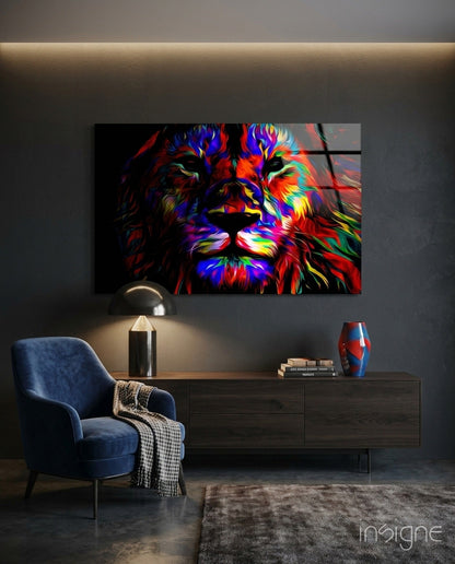 Vivid Neon Pop Art Lion Glass Wall Art