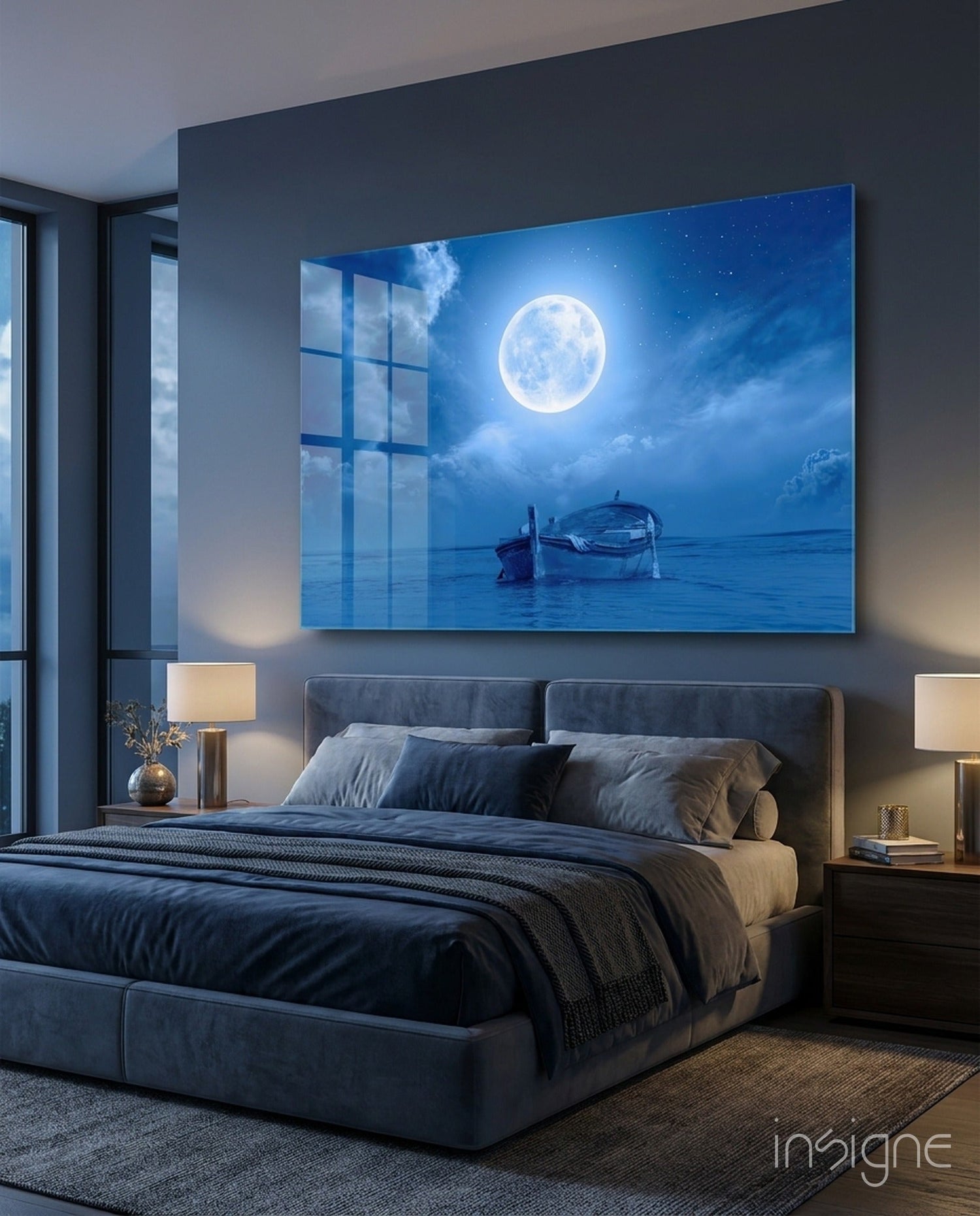 Moon and Boat Glass Wall Art