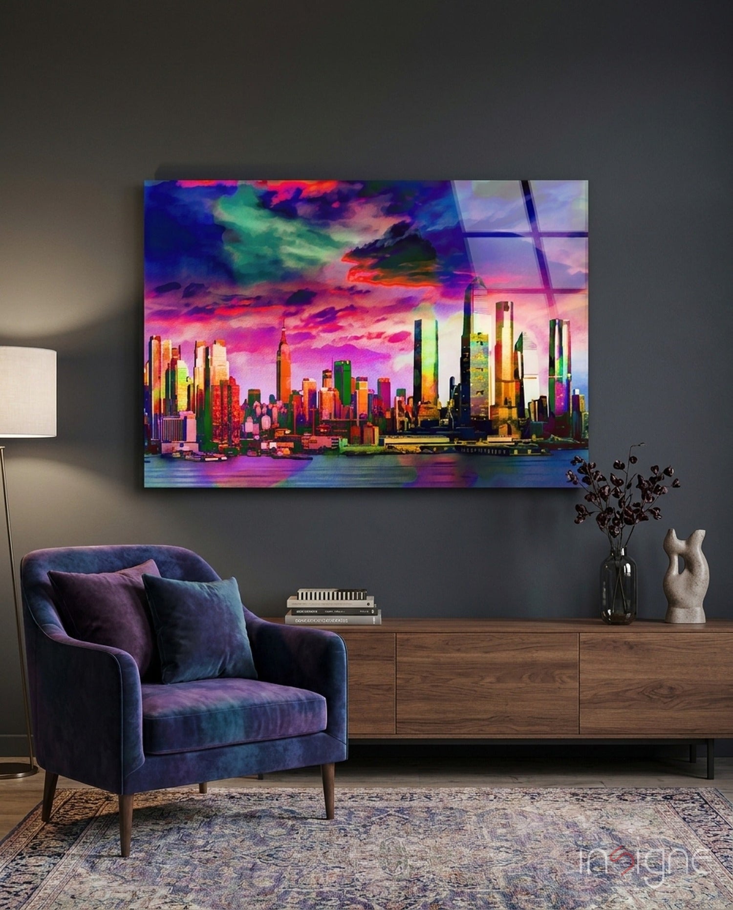 Colorful Silhouette of the City Glass Wall Art