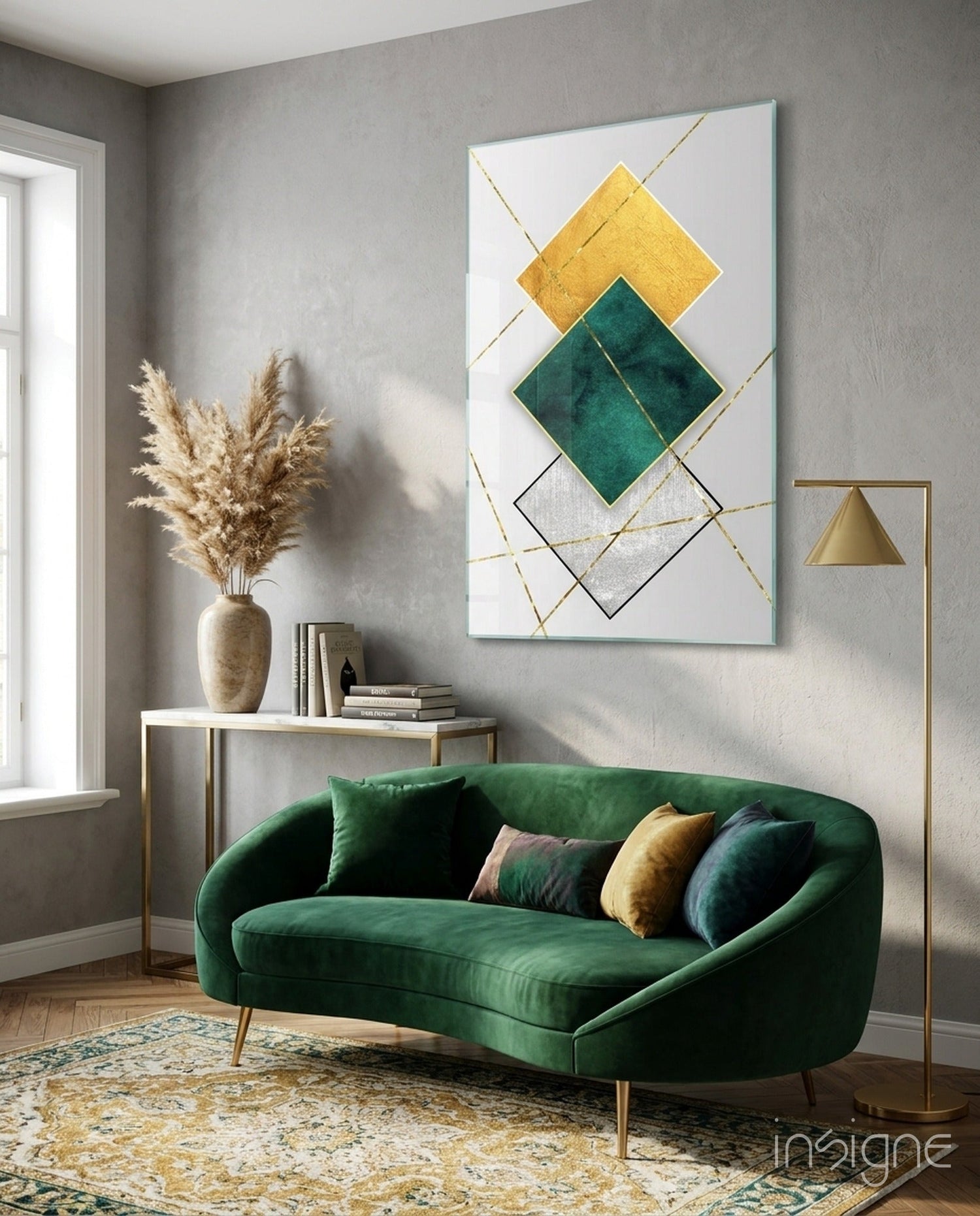 Gold and Emerald Diamond Geometry Glass Wall Art