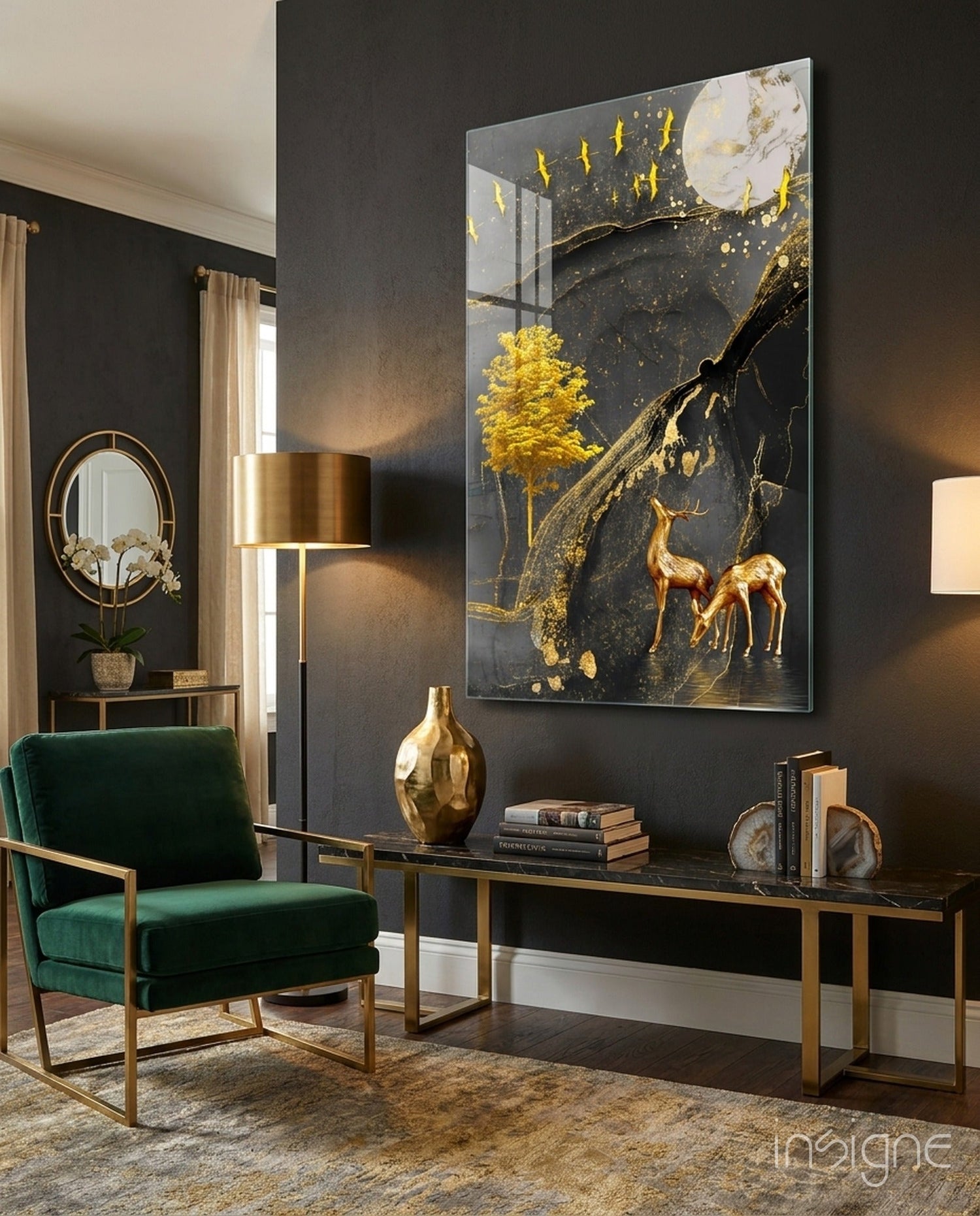 Golden Tree and Gazelles Glass Wall Art