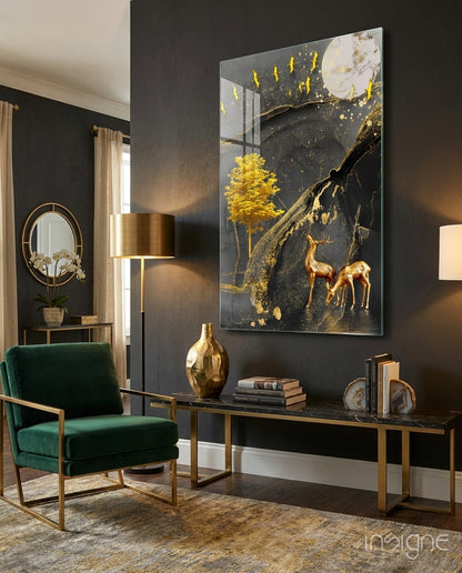 Golden Tree and Gazelles Glass Wall Art