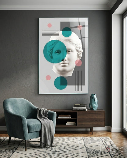 Teal Circles Venus Bust Collage Glass Wall Art