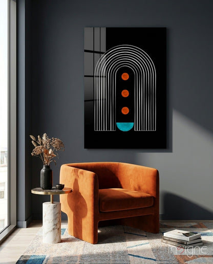 White Arch Lines Orange Dots Teal Glass Wall Art