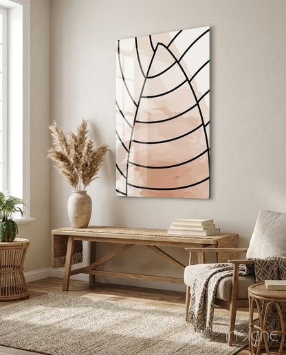 Blush Beige Minimalist Leaf Lines Glass Wall Art