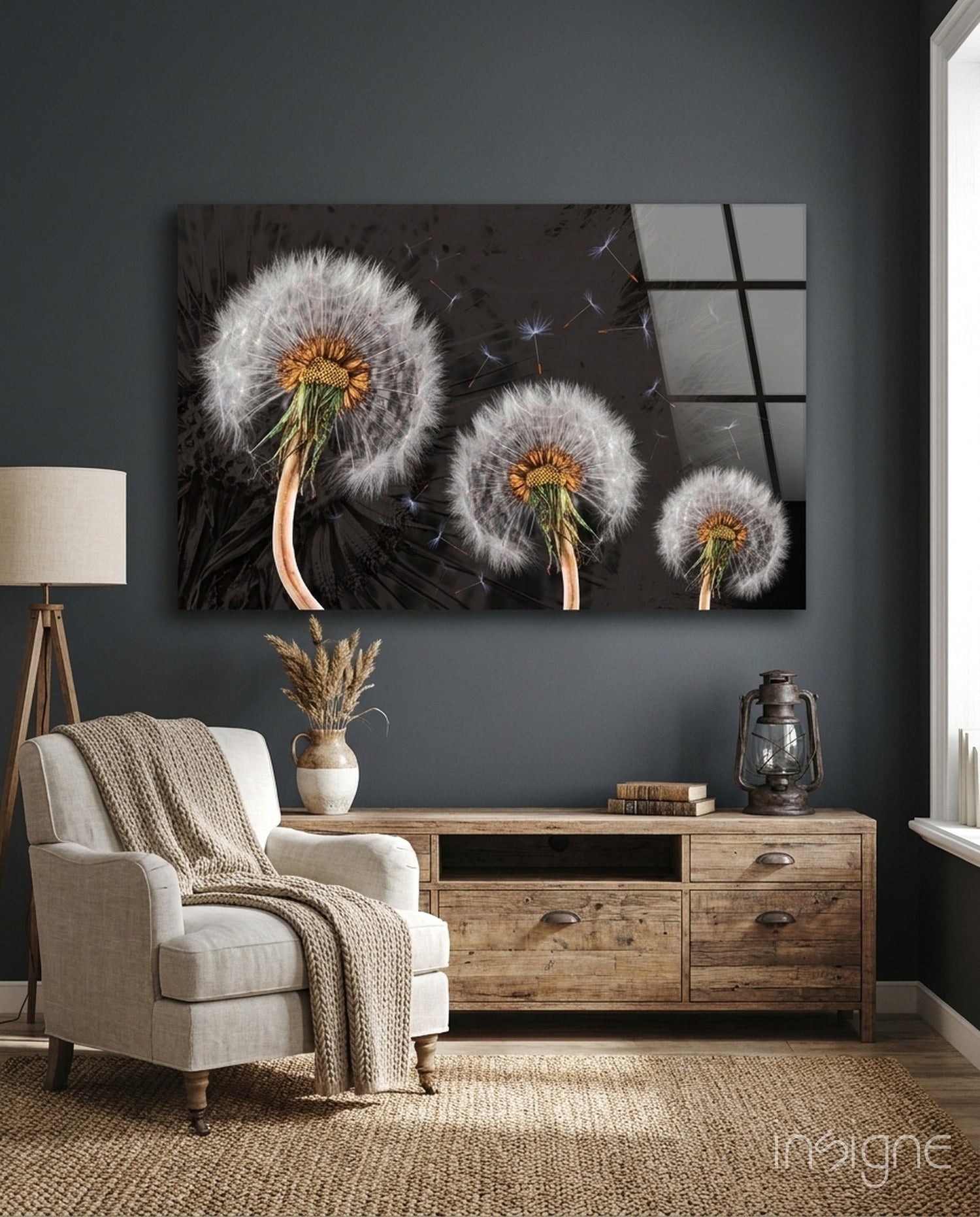 Three Dandelion Seed Heads on Charcoal Glass Wall Art