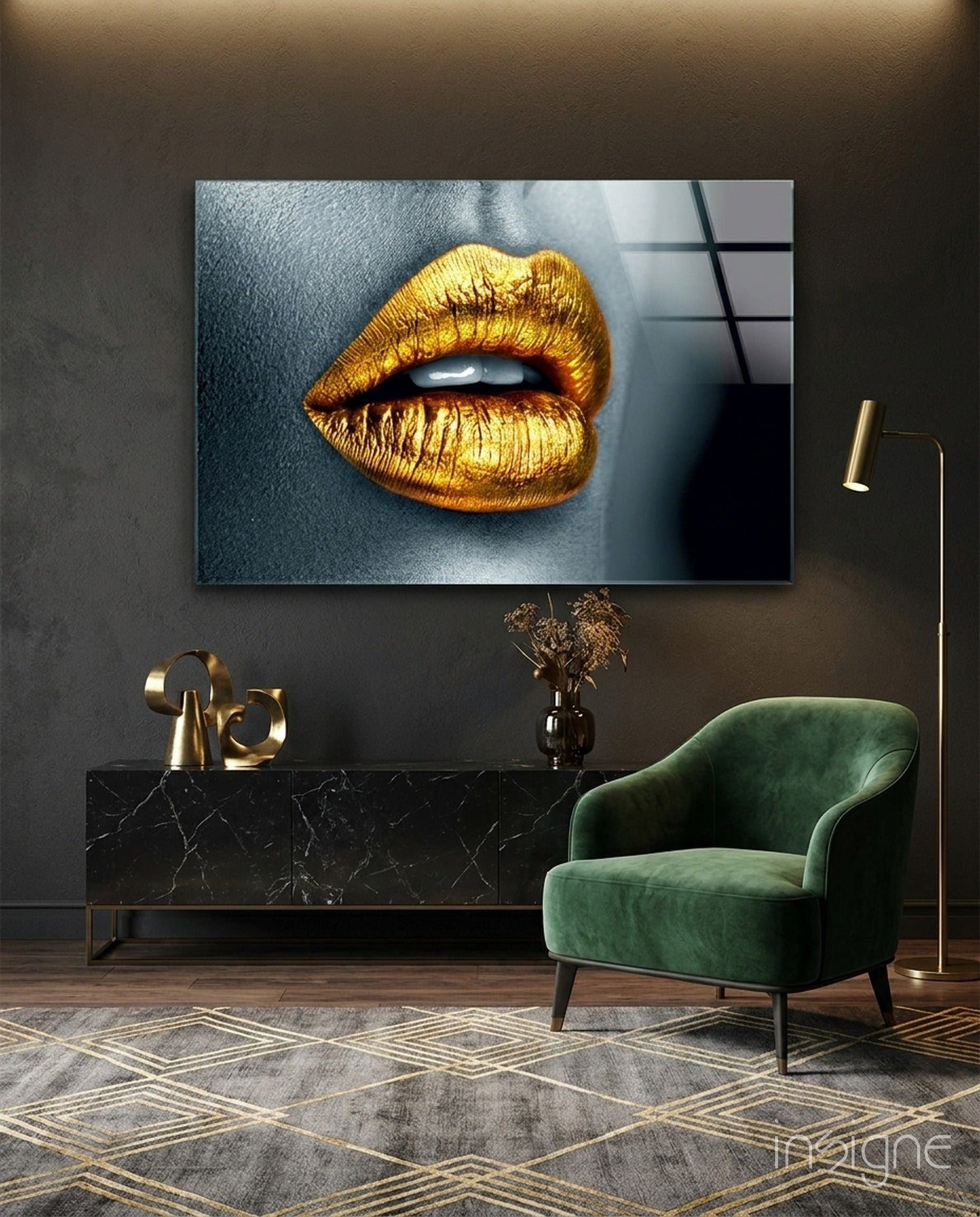 Golden Lips Glass Wall Art