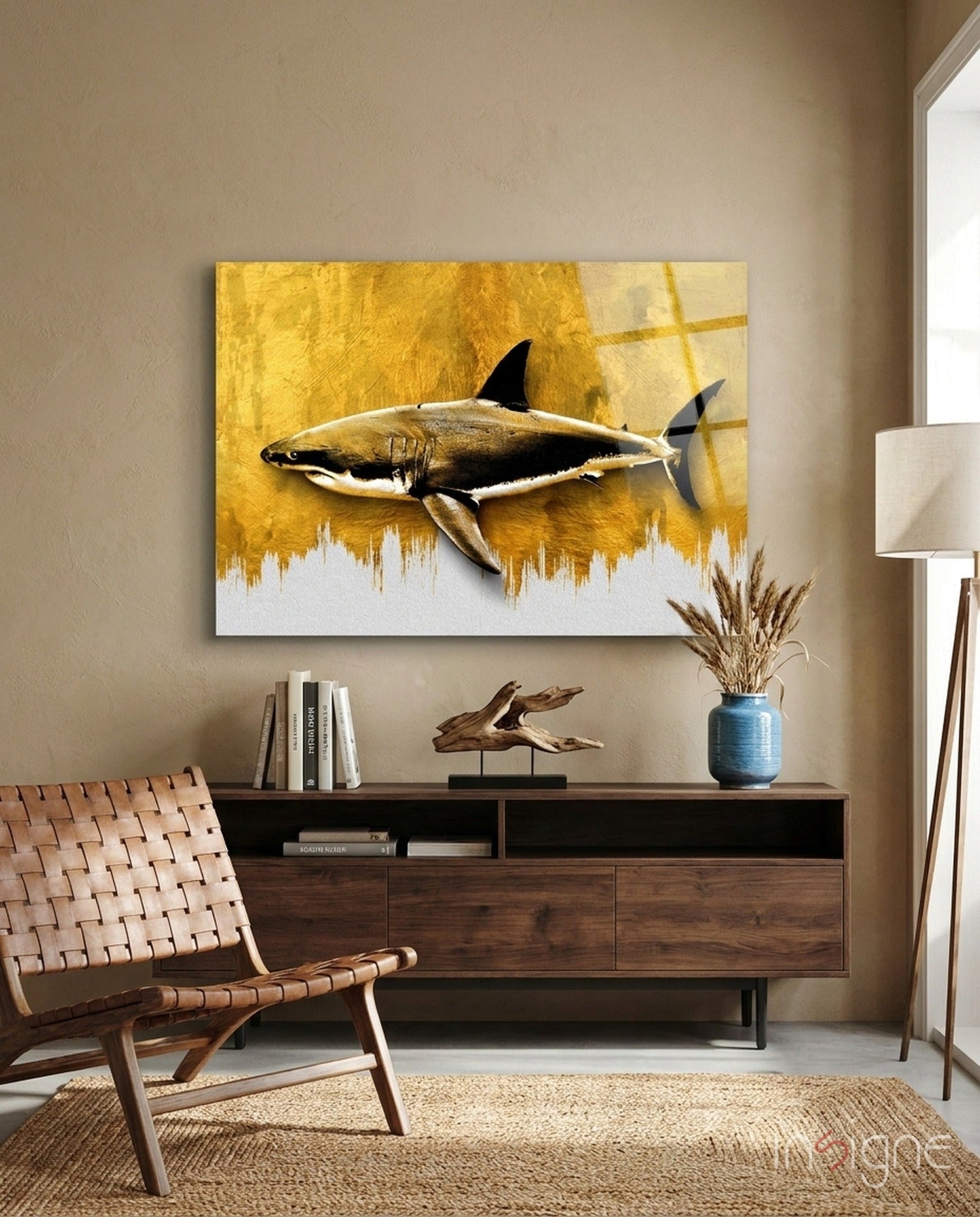 Gold Brushstroke Backdrop Shark Glass Wall Art