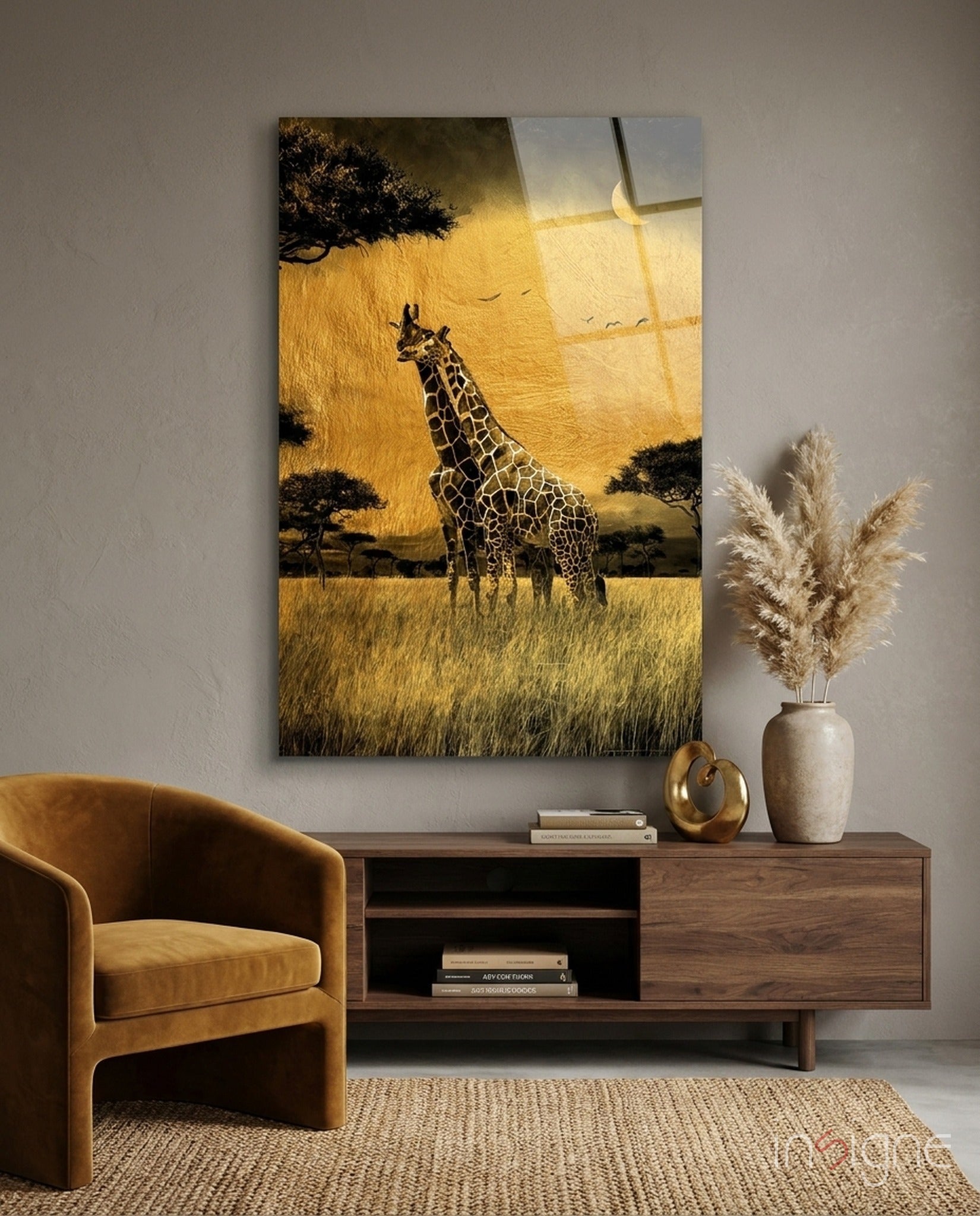 Golden Grassland Acacia Giraffe Pair Glass Wall Art