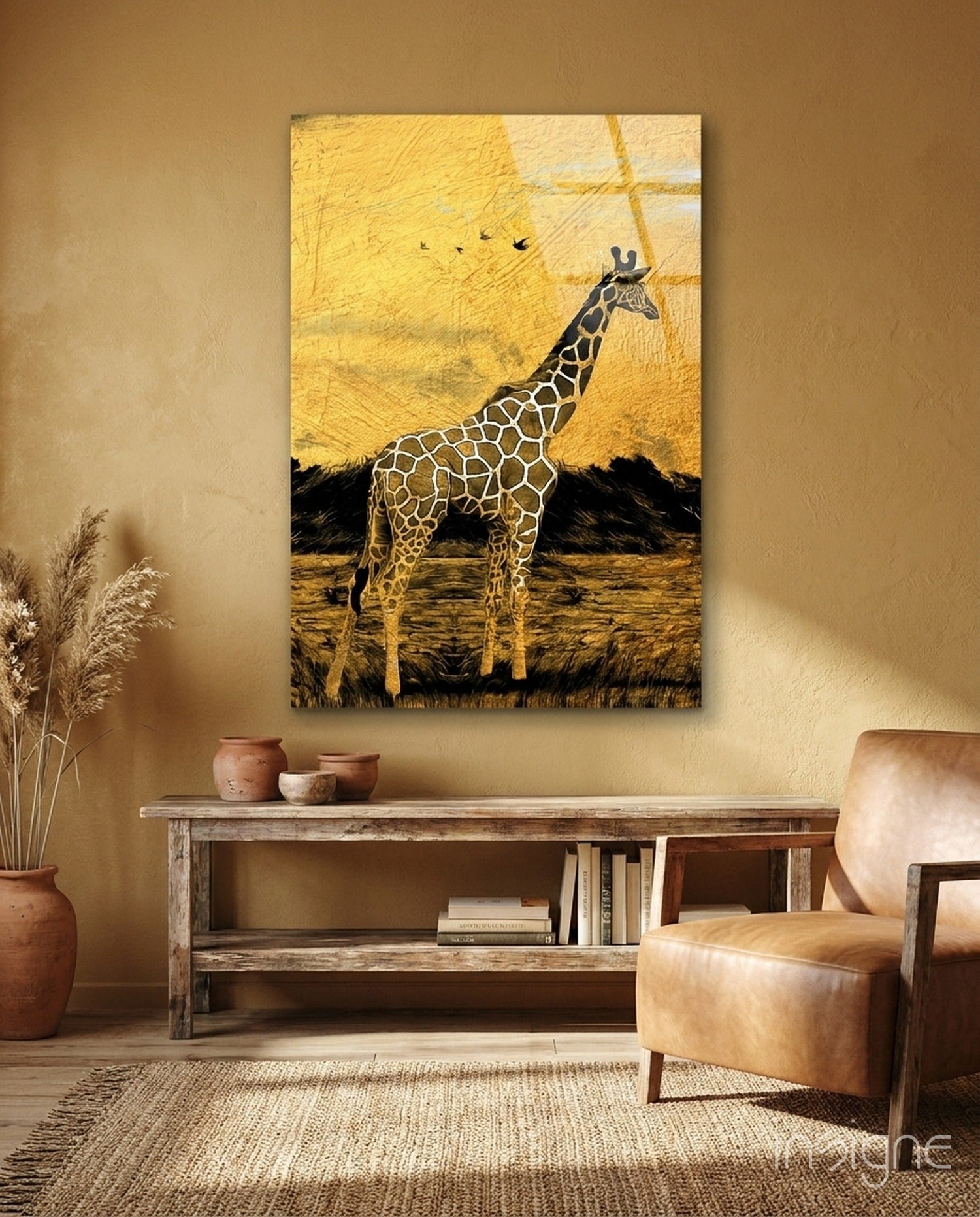 Golden Sunset Savanna Giraffe Glass Wall Art