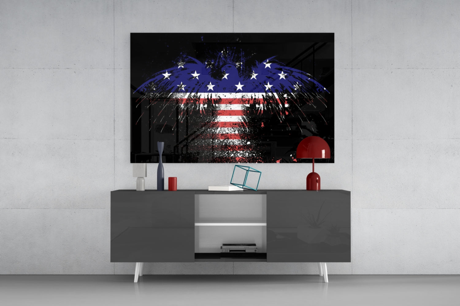 Flag Filled Silhouette On Black American Eagle Glass Wall Art