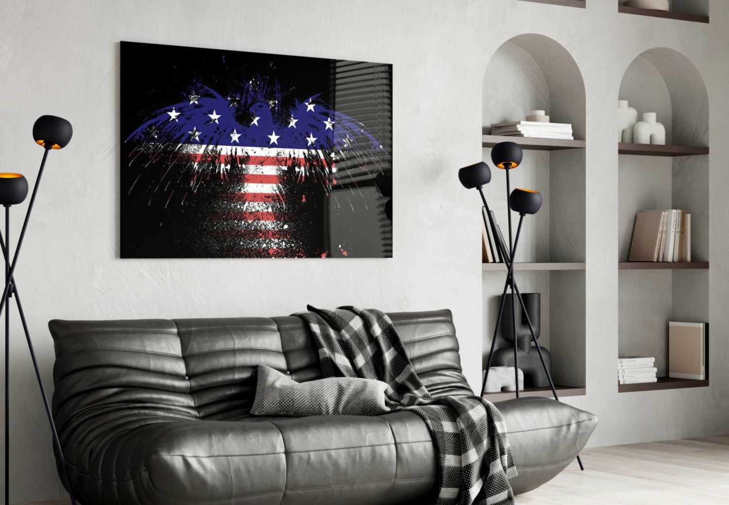Flag Filled Silhouette On Black American Eagle Glass Wall Art