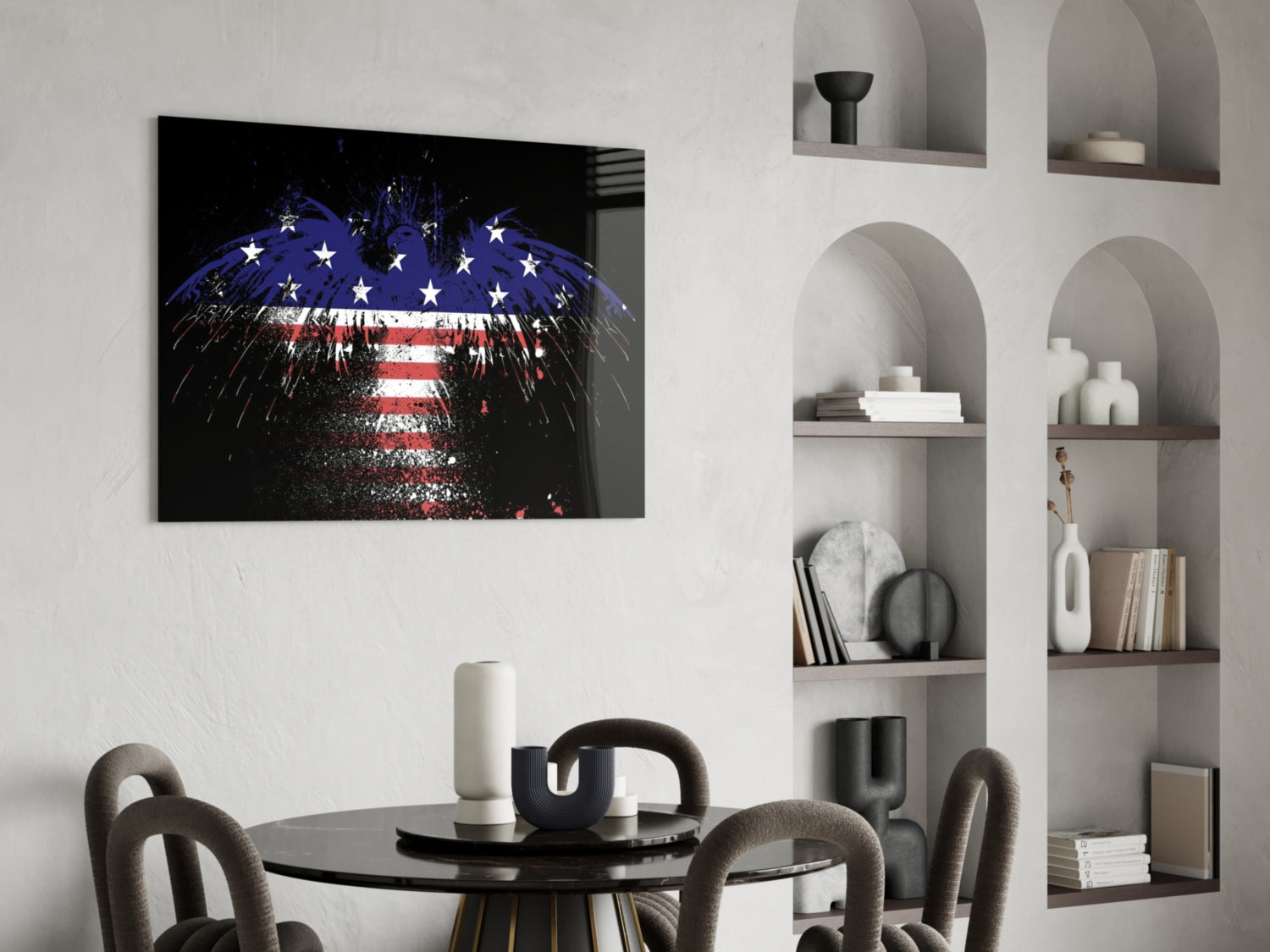 Flag Filled Silhouette On Black American Eagle Glass Wall Art