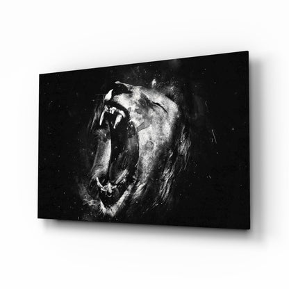 Black and White Roaring Lion Glass Wall Art