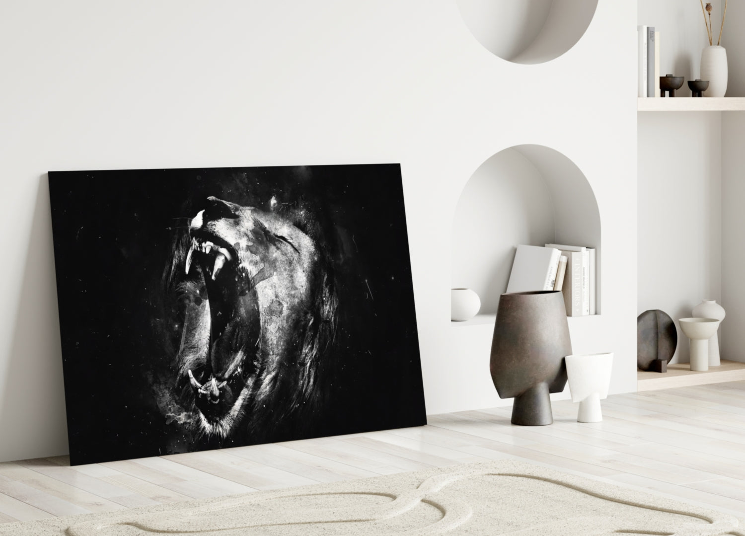 Black and White Roaring Lion Glass Wall Art