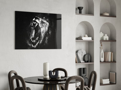 Black and White Roaring Lion Glass Wall Art