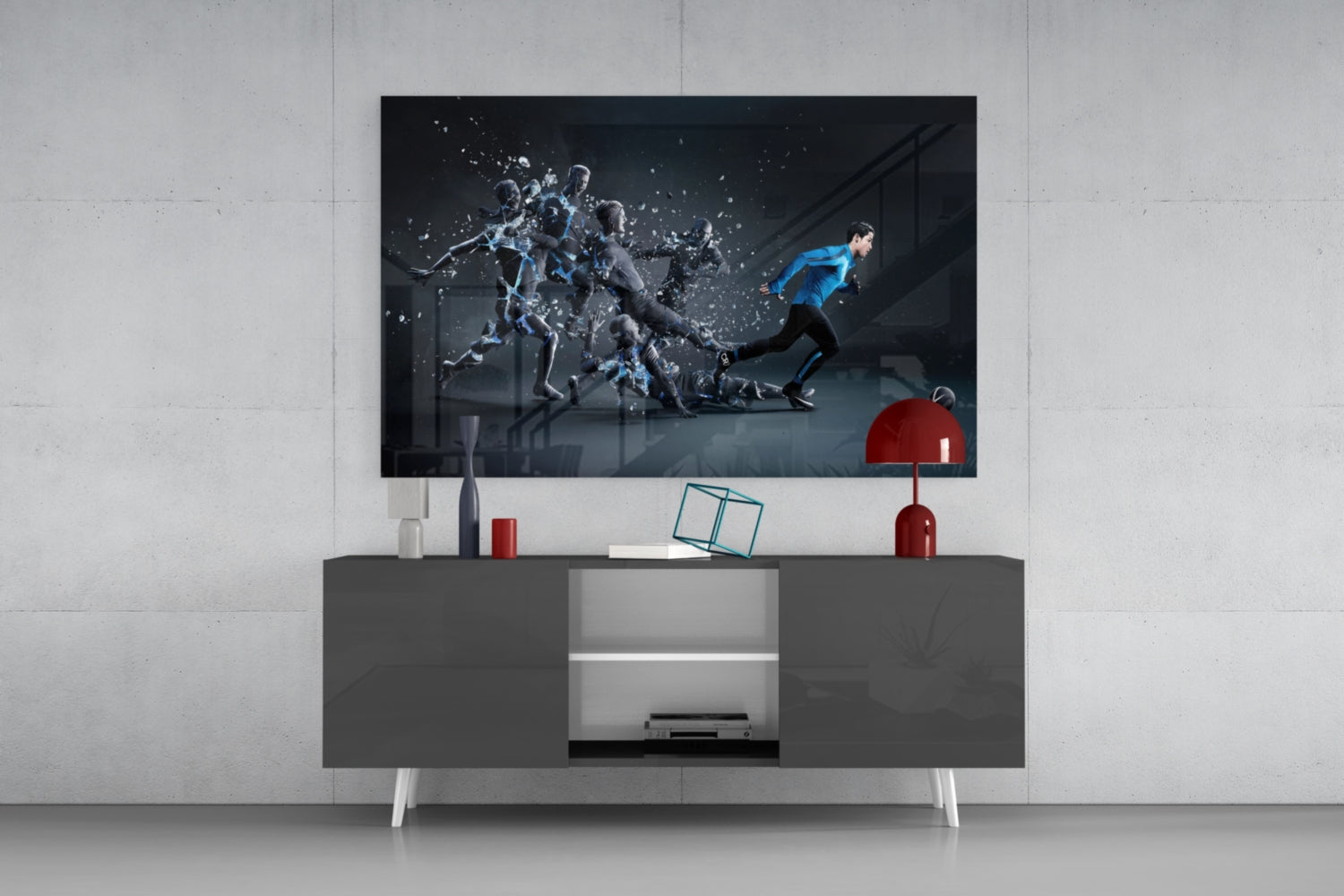 Shattering Blue Footballer Glass Wall Art