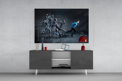 Shattering Blue Footballer Glass Wall Art