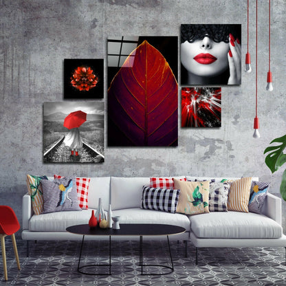 Red Accent Five Piece Collage Glass Wall Art