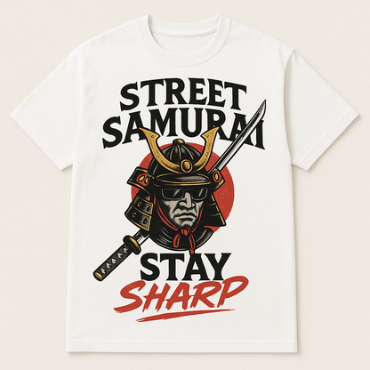 Street Samurai Graphic T-Shirt – Japanese Warrior Sword Design, White Cotton Tee