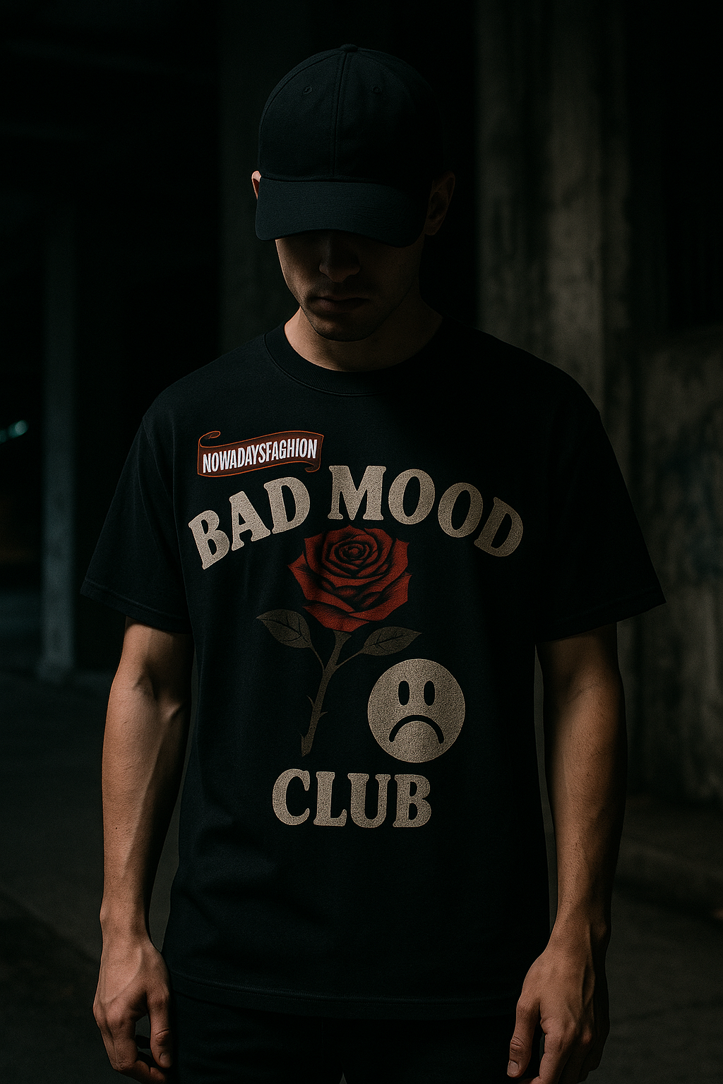 Unisex BAD MOOD CLUB Graphic T-Shirt – Sad Face &amp; Rose Dark Streetwear Tee