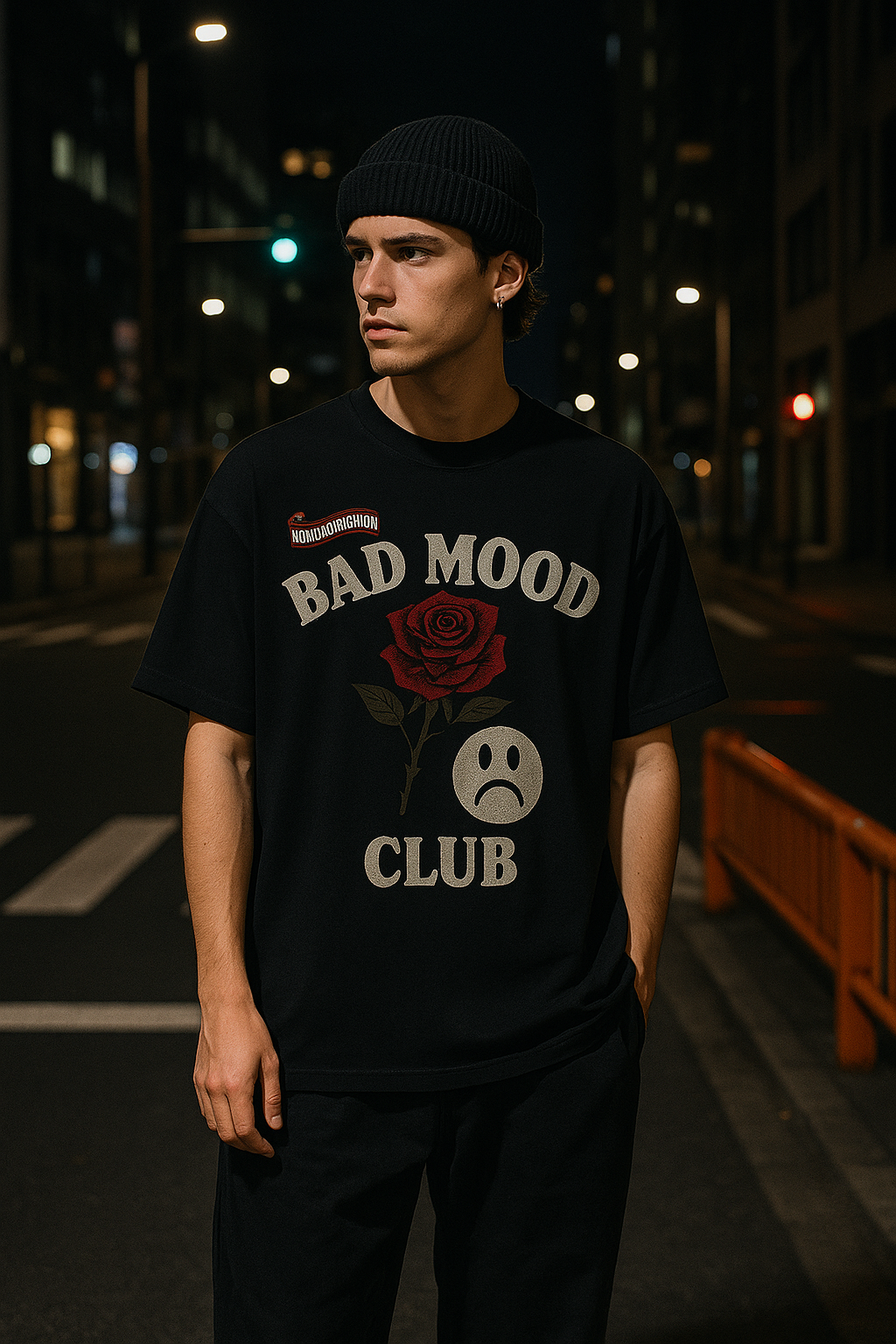 Unisex BAD MOOD CLUB Graphic T-Shirt – Sad Face &amp; Rose Dark Streetwear Tee